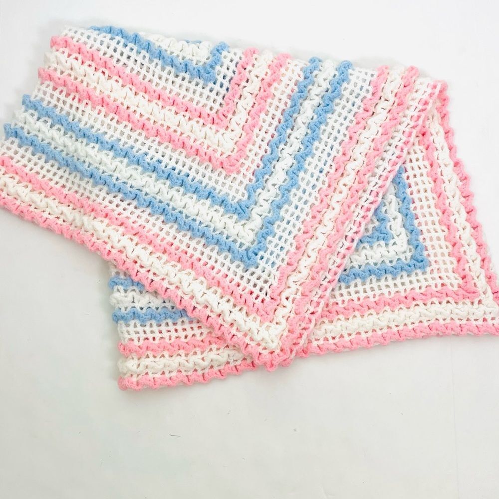 Beautiful Crocheted Baby Blanket Pink, White & Blue